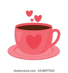 Bebida y bebida de San Valentín. Copa de chocolate caliente en taza de corazón rosado para vectores decorativos de elementos de San Valentín aislados en fondo blanco