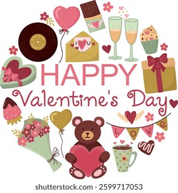 Cute Valentine's Day elements in circle form and with the inscription. Colorful round banner with romantic gifts and sweets