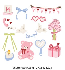 Lindos Elementos del día de San Valentín. Conjunto de símbolos de regalo, oso y amor