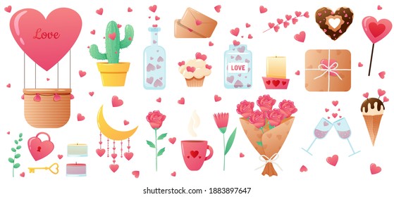 Cute Valentine's Day elements isolated on white background. Heart, glasses, cactus, bouquet, ice cream, lock and key, cup, candle and gift. Vector illustration