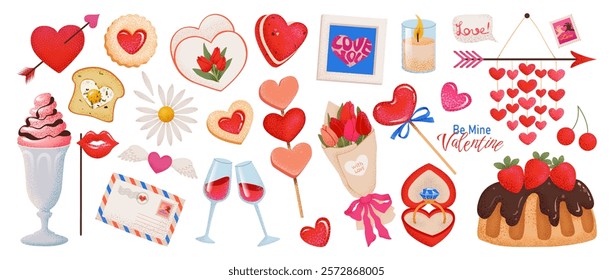 Cute valentines day elements set. Cartoon love sticker pack with hearts, flowers, sweets for planner, diary, greeting card, romantic gift, packaging decor, scrapbooking. Hand drawn vector illustration