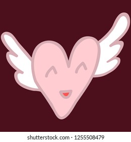 Cute Valentine's Day festive kawaii heart with wings vector illustration isolated on red background. Cartoon hand drawn Valentine's Day vector. Doodle style Valentine's Day cute decoration element.