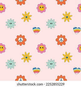 Cute valentines day flower and heart pattern in retro style. Hippie retro vintage seamless pattern in 70s-90s style. Flat vector illustration.