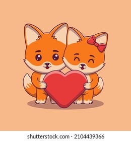Cute Valentine's day fox couple holding a big heart love