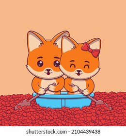 Cute Valentine's day fox couple rowing a canoe in the sea of hearts