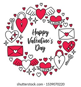 Cute Valentine's Day frame background with doodles of hearts in line art style for your decoration