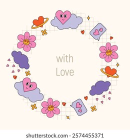 Cute Valentine's Day frame with lettering at retro trend style with hearts, flowers, and romantic Symbols