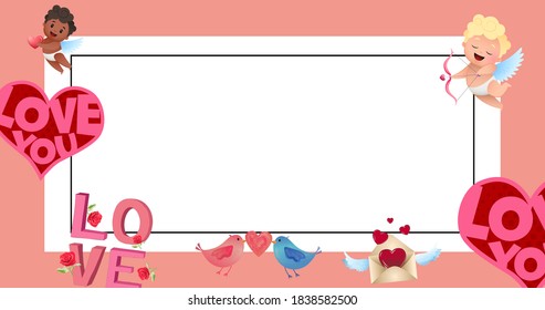 Cute vector de cuadros de San Valentín, con corazones de amor, cupido, pájaros de amor, texto, cartas de amor y texto. 