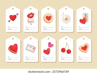 Cute Valentine's Day gift tags set with romantic elements: hearts, love letter, cookie, flower, lips, gifts. Perfect for love gift tags and cards, presents, and packaging decor. Vector illustration.