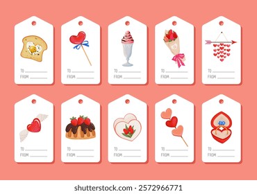 Cute Valentine's Day gift tags set with romantic elements: hearts, romantic breakfast, sweets, flowers, gifts. Perfect for love gift tags and cards, presents, and packaging decor. Vector illustration.