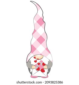 Cute Valentines day gnome with hearts. Vector illustration.