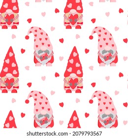 Cute Valentine's day gnomes with hearts seamless pattern. Isolated on white background. 14 February themed print for design.