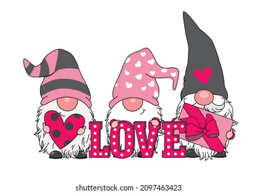 Cute valentine's day gnomes with heart-shaped balloon, gift and love letter. Isolated vector