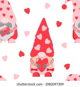 Cute Valentine's day gnomes holding a red envelope and heart seamless pattern. Isolated on white background. 14 February themed print for design.