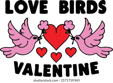 Cute Valentine's Day graphic design featuring love birds and a heart.