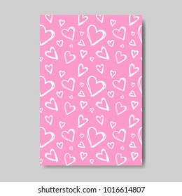 Cute Valentines Day Greeting Card In Sketch Style White Hearts On Pink Background Vector Illustration