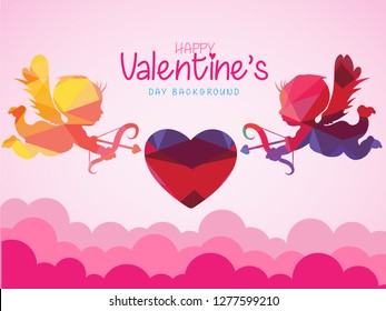 Cute Valentines day greeting card with Cupid in clouds, paper cut decoration. Hand drawn elements, vector illustration. Hearts, happy love angel for Valentines day holidays, romantic Paper art