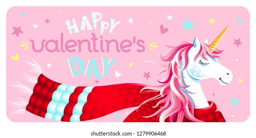 Cute Valentine's Day greeting card with unicorn, scarf, hearts and stars on pink background. Lettering "Happy Valentine's Day". Cartoon character. Horizontal holiday vector background, cover