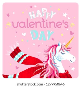 Cute Valentine's Day greeting card with unicorn, scarf, hearts and stars on pink background. Lettering "Happy Valentine's Day". Cartoon character. Square holiday vector background, banner, invitation