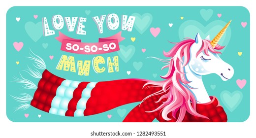 Cute Valentine's Day greeting card with unicorn, hearts on mint green background. Lettering "Love You so-so-so much". Cartoon character. Horizontal holiday vector background, banner, cover.