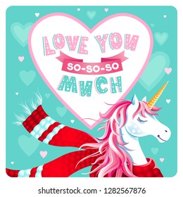 Cute Valentine's Day greeting card with unicorn, hearts on mint green background. Heart shape frame. Lettering "Love You so-so-so much". Cartoon character. Square holiday vector background, banner.