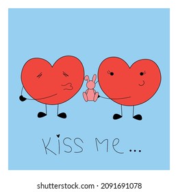 Cute valentine's day greeting card with a couple of hearts in love. Kiss. Lovely hearts with faces. Doodle style. Hand-Drawn - Lettering “Kiss Me”. Vector valentine's day card. Present