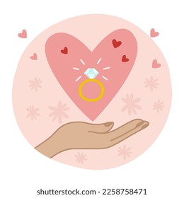 Cute Valentines Day greeting card. Valentine card. The conception of love. An offer to get married. Ring in the heart. Trends retro cartoon style.