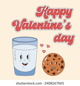 Cute Valentines day greeting card with glass of milk and cookie in love, perfect couple in groovy retro style. Happy Valentines day, love match. Hippie retro 90s vintage love card.