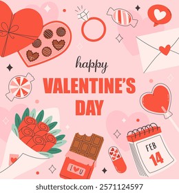 Cute Valentines Day greeting card with love stickers of chocolate bar, candies, ring, love letter, flower bouquette, hearts. Vector illustration in flat style