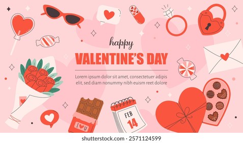 Cute Valentines Day greeting card with love stickers of chocolate bar, candies, ring, love letter, flower bouquette, hearts. Vector illustration in flat style