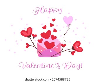 Cute Valentine's Day greeting card with open letter and hearts, vector illustration, poster, banner.