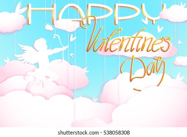 Cute Valentines day greeting card with Cupid in clouds, paper cut decoration. Hand drawn elements, vector illustration. Hearts, happy love angel for Valentines day holidays with gold lettering.