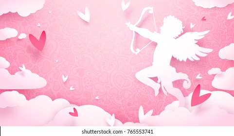 Cute Valentines day greeting card with Cupid in clouds, paper cut decoration. Hand drawn elements, vector illustration. Hearts, happy love angel for Valentines day holidays, romantic Paper art.