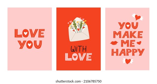 Cute valentine's day greeting cards with lettering. Vector hand drawn quotes love you, with love and you make me happy. Pink and red postcards. Envelope with letter and flowers