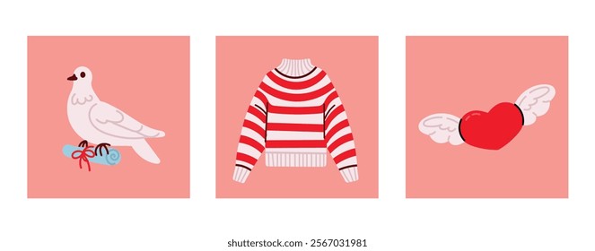 Cute Valentines day greeting cards with dove, sweater and heart