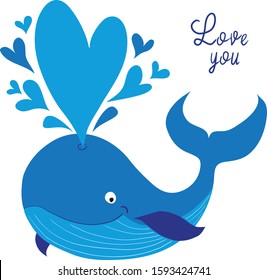 Cute Valentine's Day greetings, cute blue whale, fountain heart, flat vector illustration, lettering Love you. invitation, poster, brochure, banner, postcard.