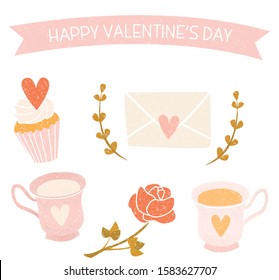 Cute Valentine's Day greetings card with hearts, teacups, cupcakes and flowers. 