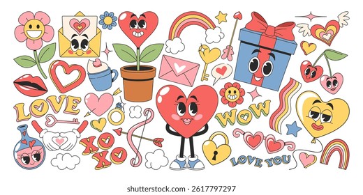 Cute Valentines day groovy elements, characters, funny headline lettering and phrases isolated set