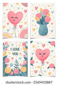 Cute Valentines Day hand drawn greeting cards set. Pastel colored holiday backgrounds and patterns. Pink balloons with smiley faces, flowers bouquet in vase. Love concept. Flat vector illustration.