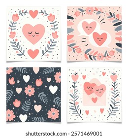 Cute Valentines Day hand drawn greeting cards set. Pastel colored holiday backgrounds and patterns. Pink hearts with smiley faces, flowers and leaves. Love concept. Flat vector illustration.