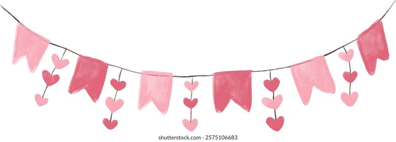 Cute valentines day heart love pink pastel garland bunting flag decoration illustration design clipart digital sticker