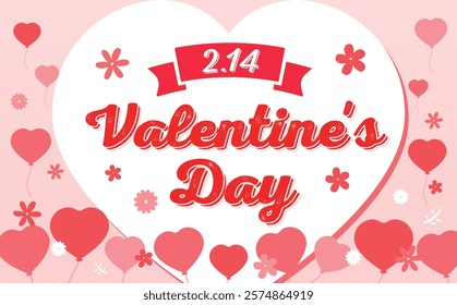 Cute Valentine's Day heart-shaped background frame illustration with flowers and heart balloons flying_Adorable Valentine's material	