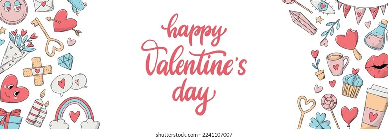 cute Valentine's day horizontal banner decorated with calligraphy quote and doodles on white background. Good for prints, invitations, templates, cards, sales, social media, etc. EPS 10