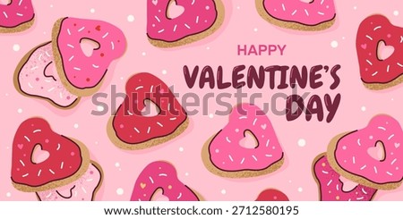 Cute Valentines Day horizontal banner with heart shaped donuts, pink sprinkles, and a sweet festive design for holiday greetings, web designs, and social media posts. Illustration with grainy texture.