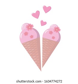Cute valentines day ice cream with flowers and hearts. Vector illustration for greeting card, valentine's day card. Sakura ice cream.