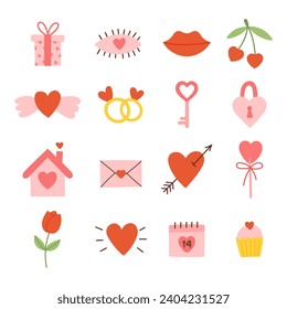 Cute valentines day icon set. Cartoon love romantic stickers elements with hearts. Hand drawn vector illustration