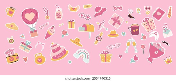 Cute valentine's day icons on pink background with balloons, gifts, and hearts.