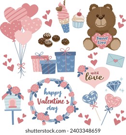 Cute Valentine's Day illustration with balloons, ice cream, chocolate balls, gifts, teddy bears, bird houses, wreaths, lollipops, diamonds
