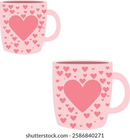 A cute Valentine's Day illustration featuring two pink coffee mugs adorned with heart patterns and a large central heart. Perfect for love-themed designs, romantic gifts, and cozy couple moments.