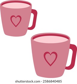 A cute Valentine's Day illustration featuring two pink coffee mugs with red heart outlines, symbolizing love and warmth. Perfect for romantic gifts, couple-themed designs, and cozy celebrations.